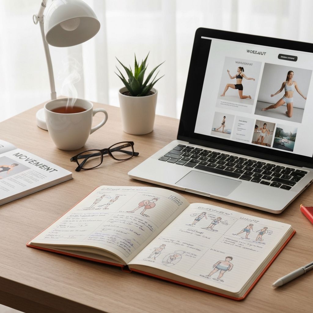 Open notebook with exercise notes next to laptop showing wellness content