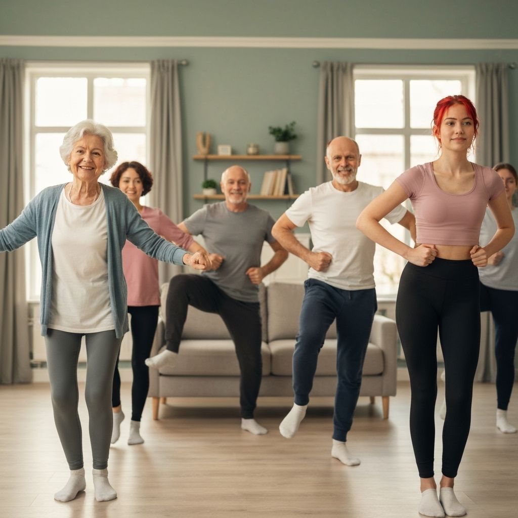 People of different ages doing gentle joint mobility exercises together in a bright living room