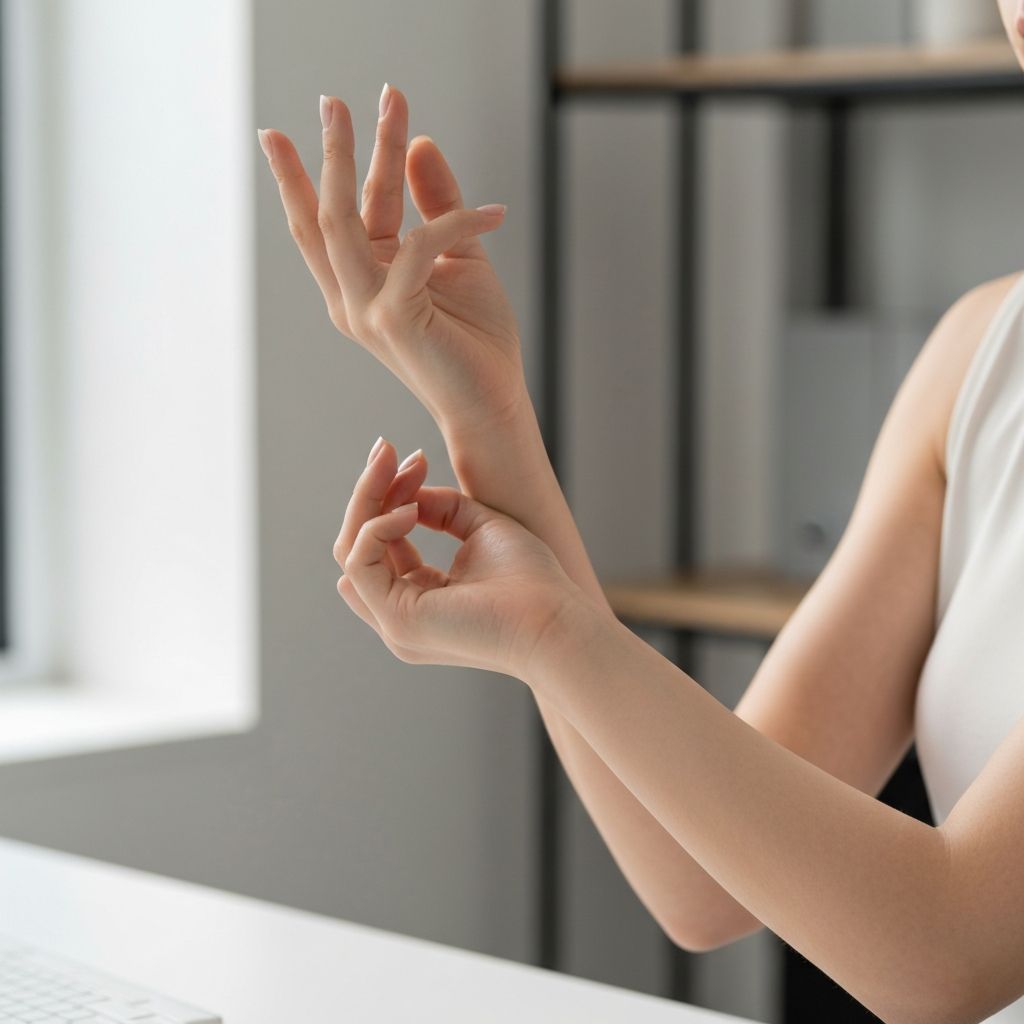 Young adult doing gentle wrist circles and hand stretches